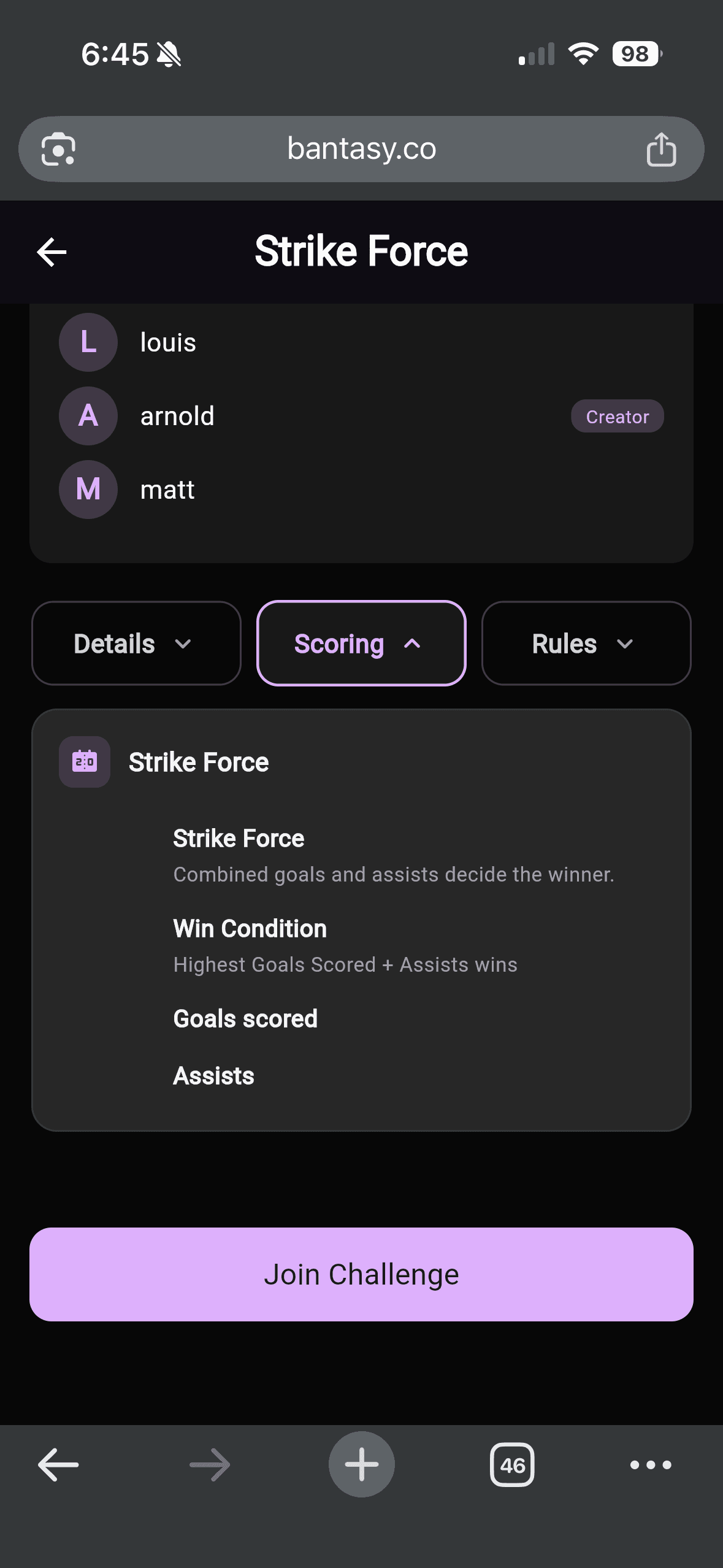Head-to-head challenge between two mates
