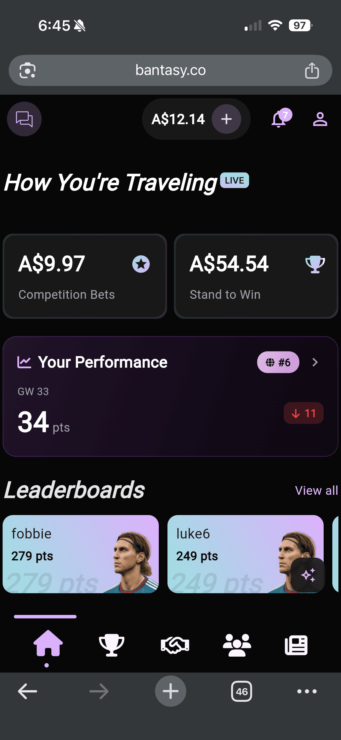 Bantasy home dashboard
